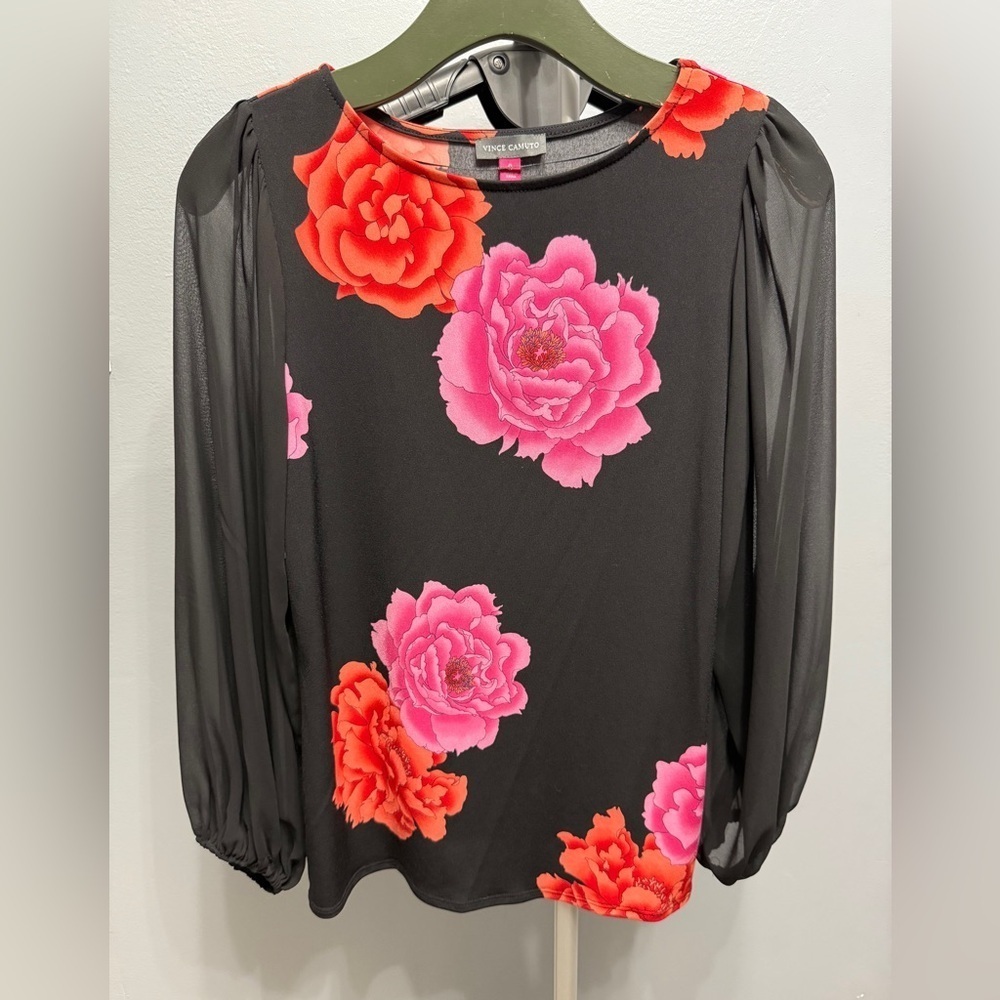 Vince Camuto Black Top with Pink and Red Floral Design